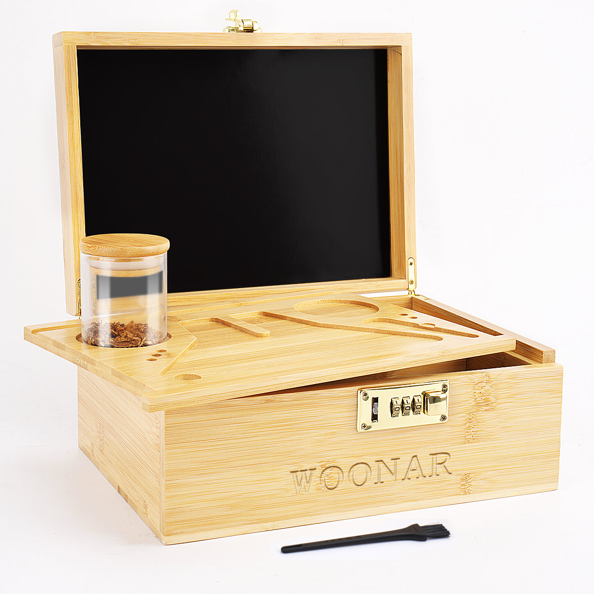WOONAR Large Bamboo Box with Combination Lock with 3 Glass Jar & Brush (11 * 8 * 5 inches)