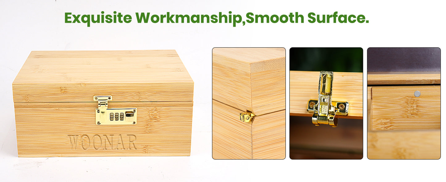 WOONAR Large Bamboo Box with Combination Lock with 3 Glass Jar & Brush (11 * 8 * 5 inches)