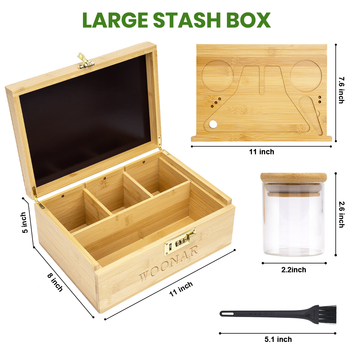 WOONAR Large Bamboo Box with Combination Lock with 3 Glass Jar & Brush (11 * 8 * 5 inches)