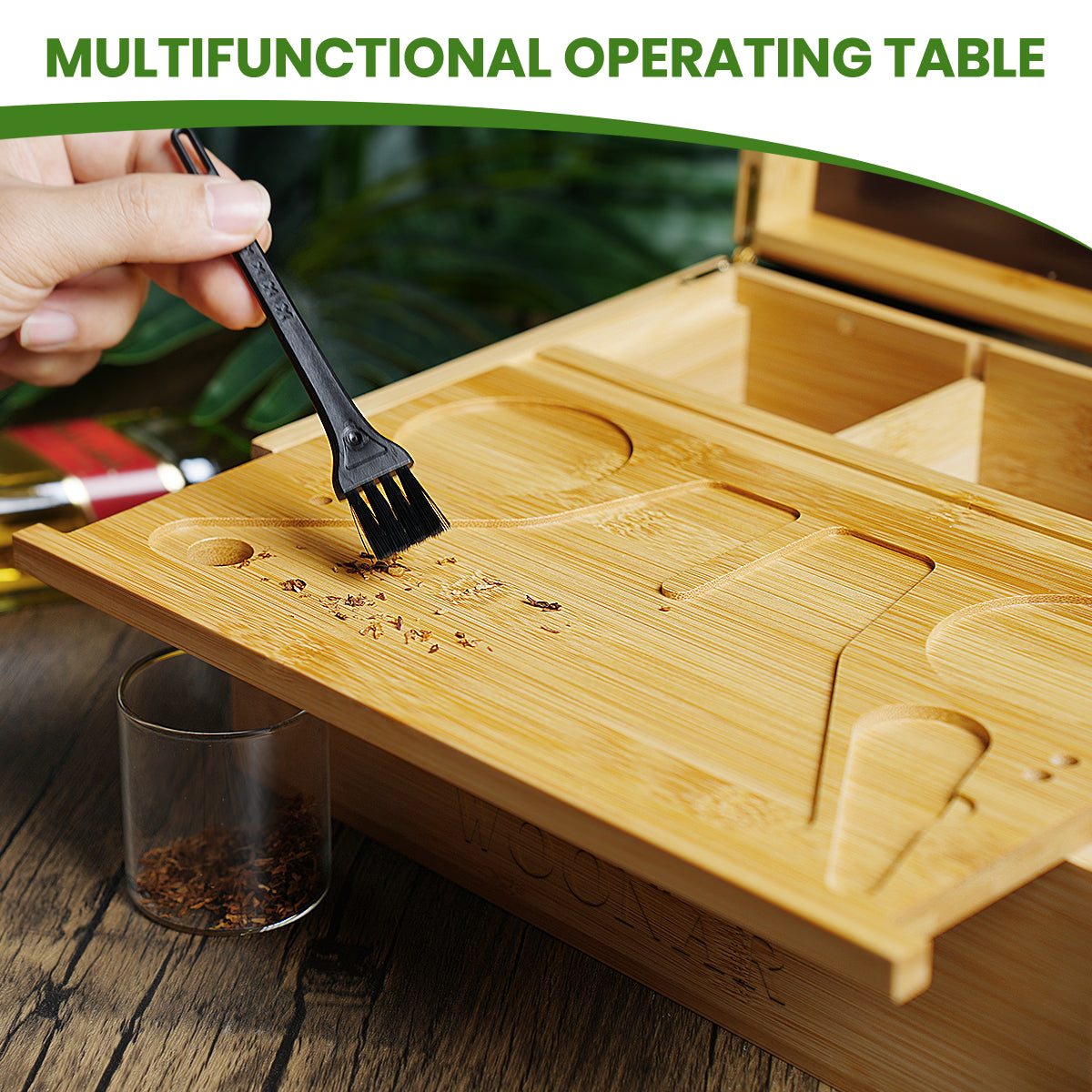 WOONAR Large Bamboo Box with Combination Lock with 3 Glass Jar & Brush (11 * 8 * 5 inches)