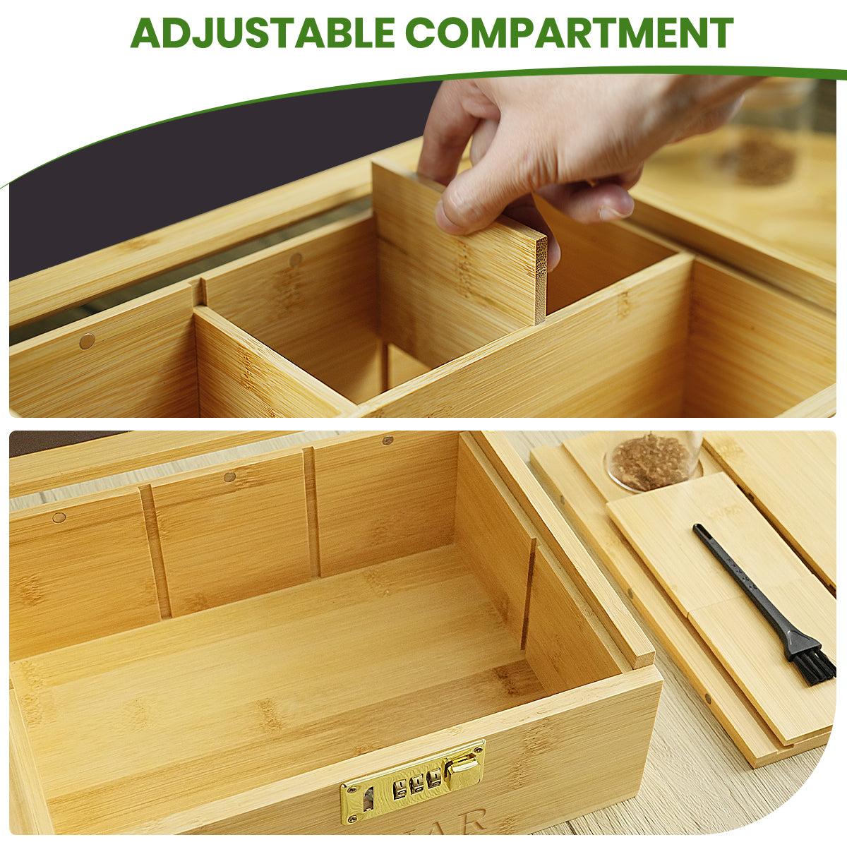 WOONAR Large Bamboo Box with Combination Lock with 3 Glass Jar & Brush (11 * 8 * 5 inches)