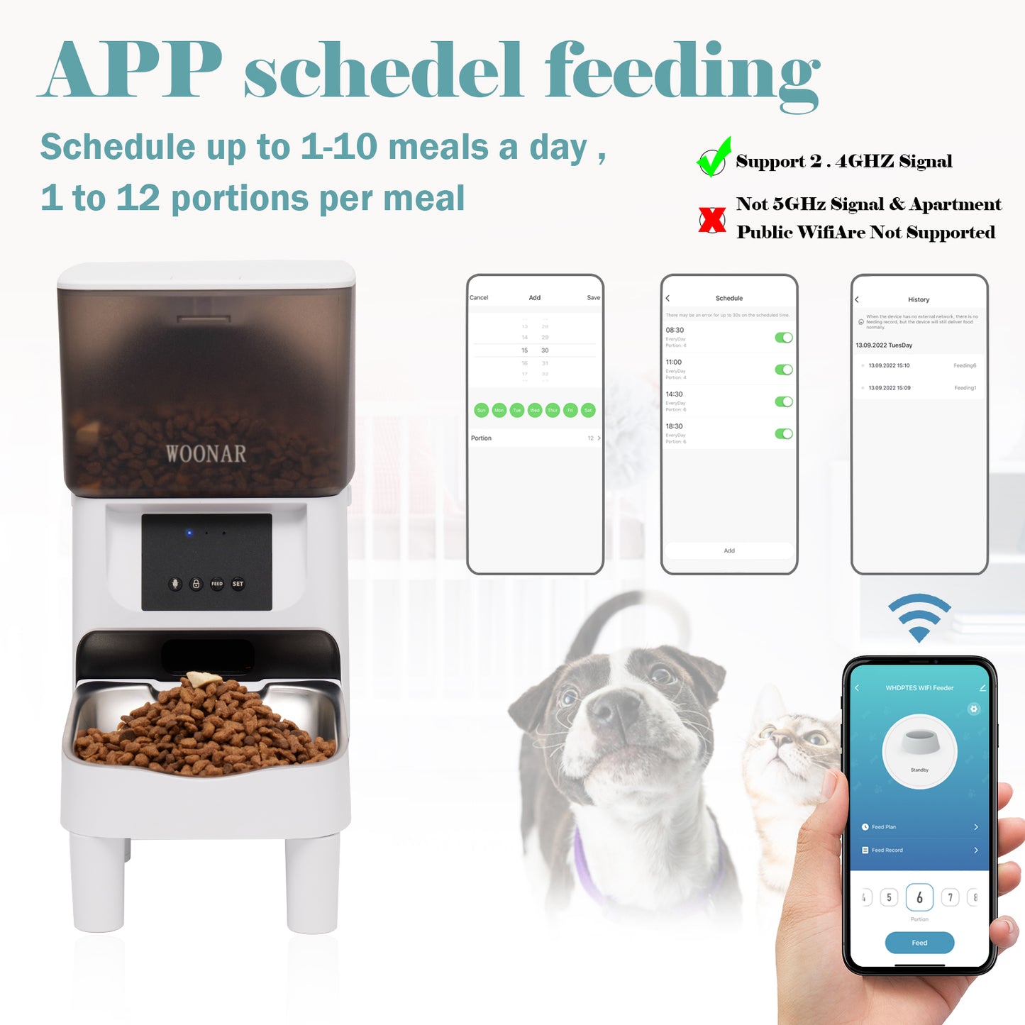 WOONAR 4L Distributor Croquettes Cat&Dogs , 2.4G WiFi Intelligent APP Regular Power Control 10S Vocal,10 Meals per Day
