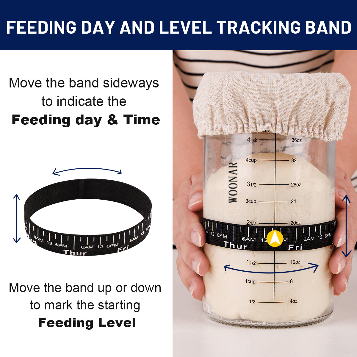 WOONAR Sourdough Starter Kit : 40 oz Sourdough Starter Jar Glass, Sourdough Bread Baking Supplies with Thermometer, Loofah Brush, Stainless Steel Lid, Silicone Scraper, Cloth Cover, Date Marked Feeding Band