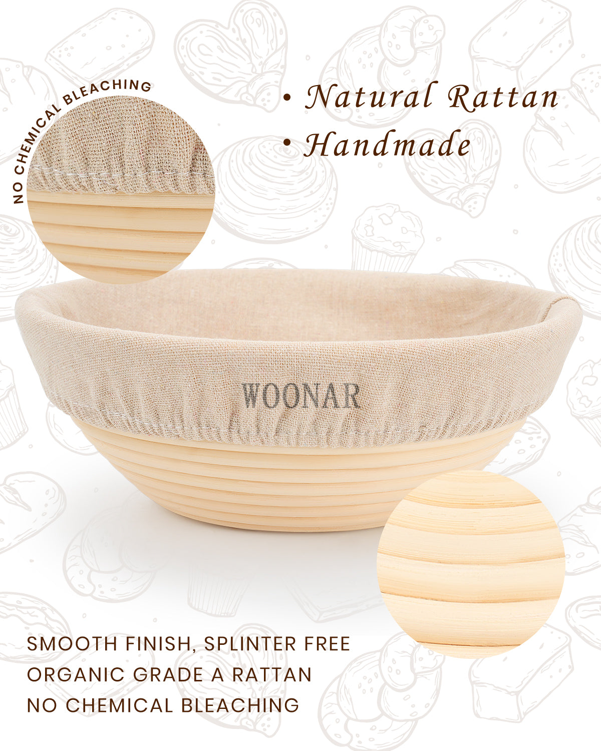 WOONAR Natural Sourdough Bread Baking Supplies - 9 Inch Round & 10 Inch Oval Handmade Natural Rattan Proofing Basket Set