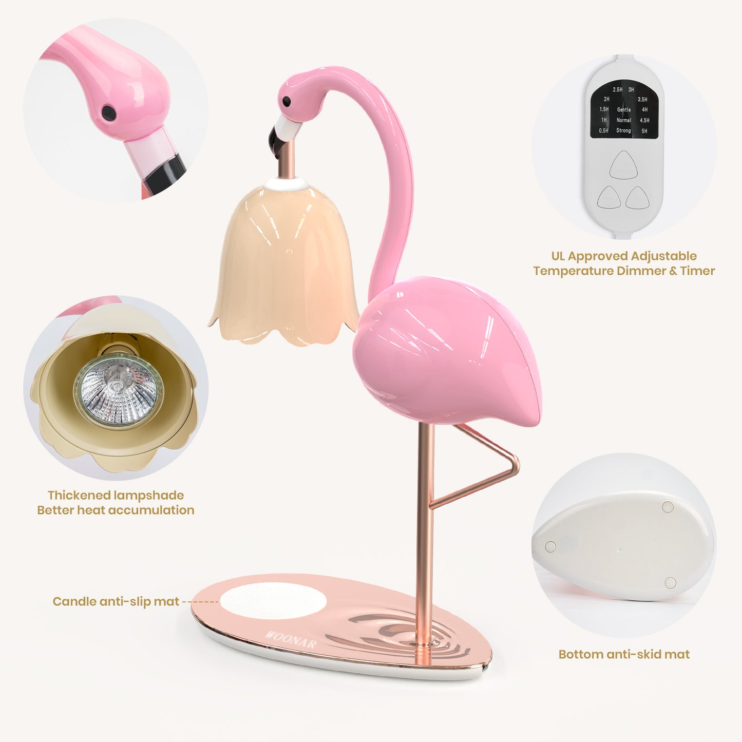 WOONAR Fragrance Candle Warmer Flamingo Lamp with Timer, Dimmable, Halogen, Polished, Pink, for Home Decor 6.69 x11 x15.35 in