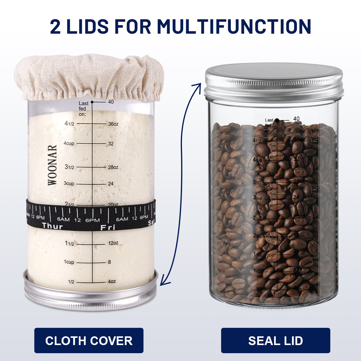 WOONAR Sourdough Starter Kit : 40 oz Sourdough Starter Jar Glass, Sourdough Bread Baking Supplies with Thermometer, Loofah Brush, Stainless Steel Lid, Silicone Scraper, Cloth Cover, Date Marked Feeding Band