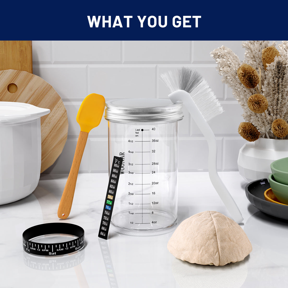 WOONAR Sourdough Starter Kit : 40 oz Sourdough Starter Jar Glass, Sourdough Bread Baking Supplies with Thermometer, Loofah Brush, Stainless Steel Lid, Silicone Scraper, Cloth Cover, Date Marked Feeding Band