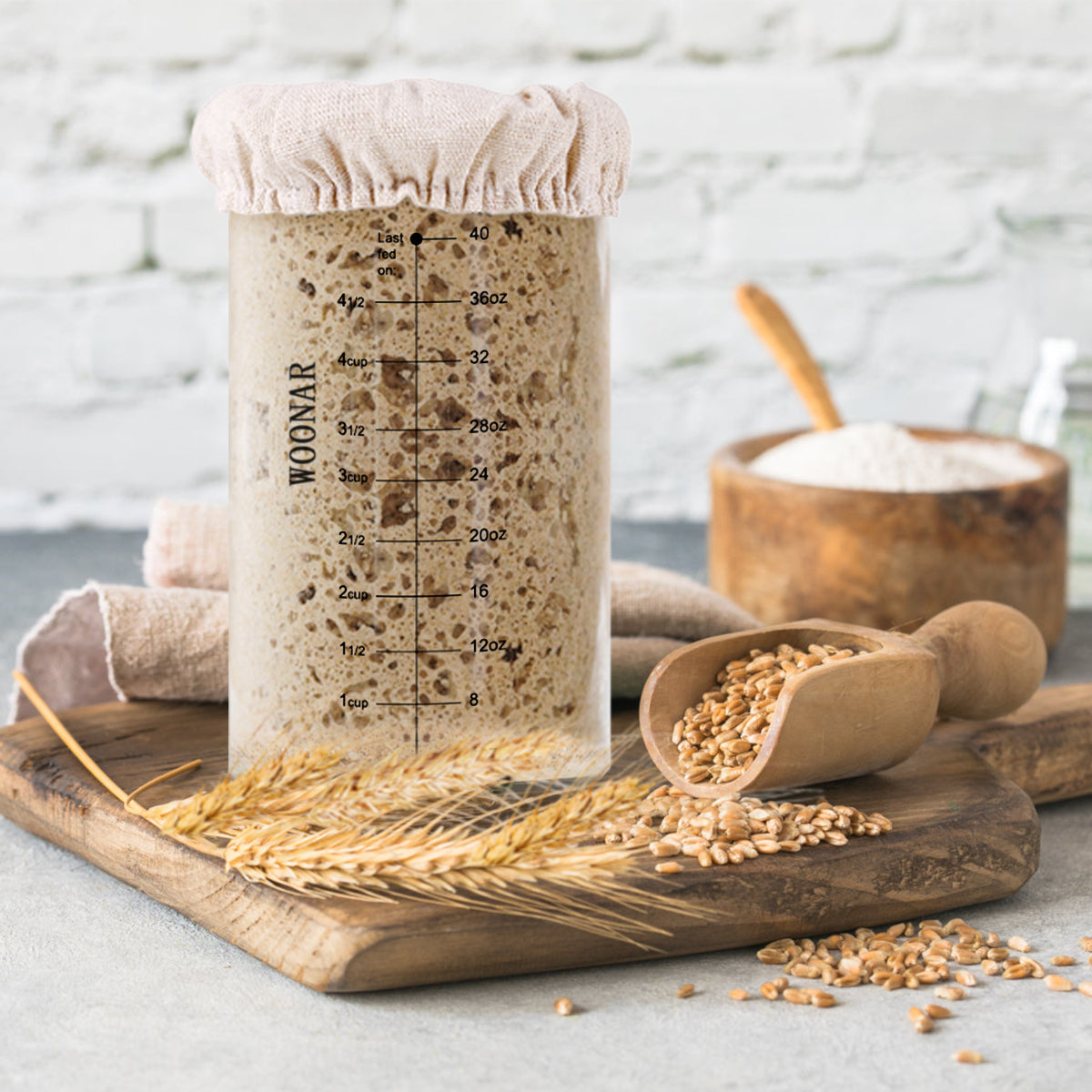WOONAR Sourdough Starter Kit : 40 oz Sourdough Starter Jar Glass, Sourdough Bread Baking Supplies with Thermometer, Loofah Brush, Stainless Steel Lid, Silicone Scraper, Cloth Cover, Date Marked Feeding Band