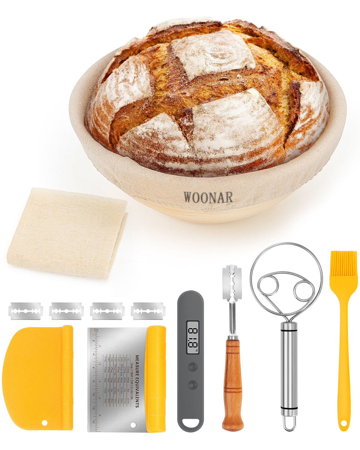 WOONAR Natural Sourdough Bread Baking Supplies - 9 Inch Round & 10 Inch Oval Handmade Natural Rattan Proofing Basket Set