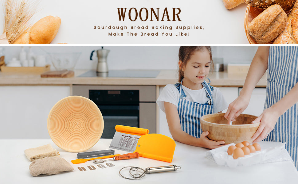 WOONAR Natural Sourdough Bread Baking Supplies - 9 Inch Round & 10 Inch Oval Handmade Natural Rattan Proofing Basket Set