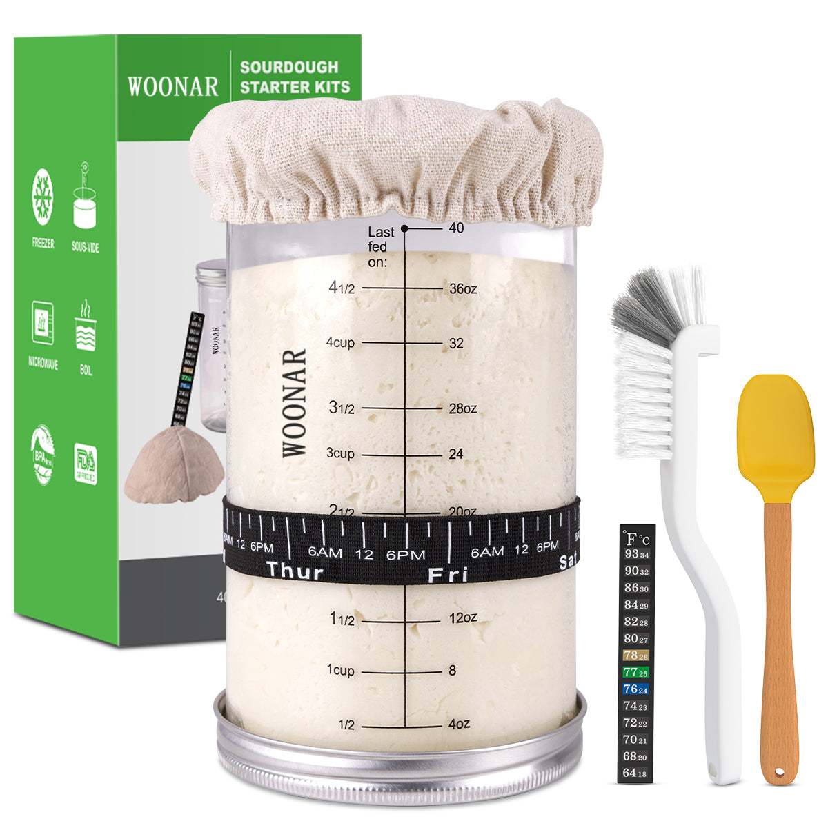 WOONAR Sourdough Starter Kit : 40 oz Sourdough Starter Jar Glass, Sourdough Bread Baking Supplies with Thermometer, Loofah Brush, Stainless Steel Lid, Silicone Scraper, Cloth Cover, Date Marked Feeding Band